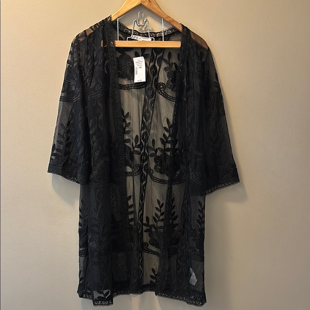 Black Sheer Embroidered Kimono swimsuit coverup size small